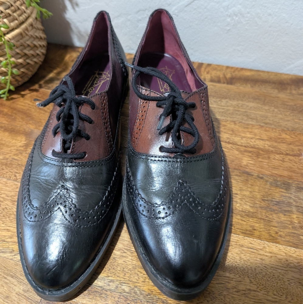 Vintage Bianco Oxford Flats  Style 0267-MARIA, Black/Burgundy Leather Brogue 10m - Picture 2 of 7